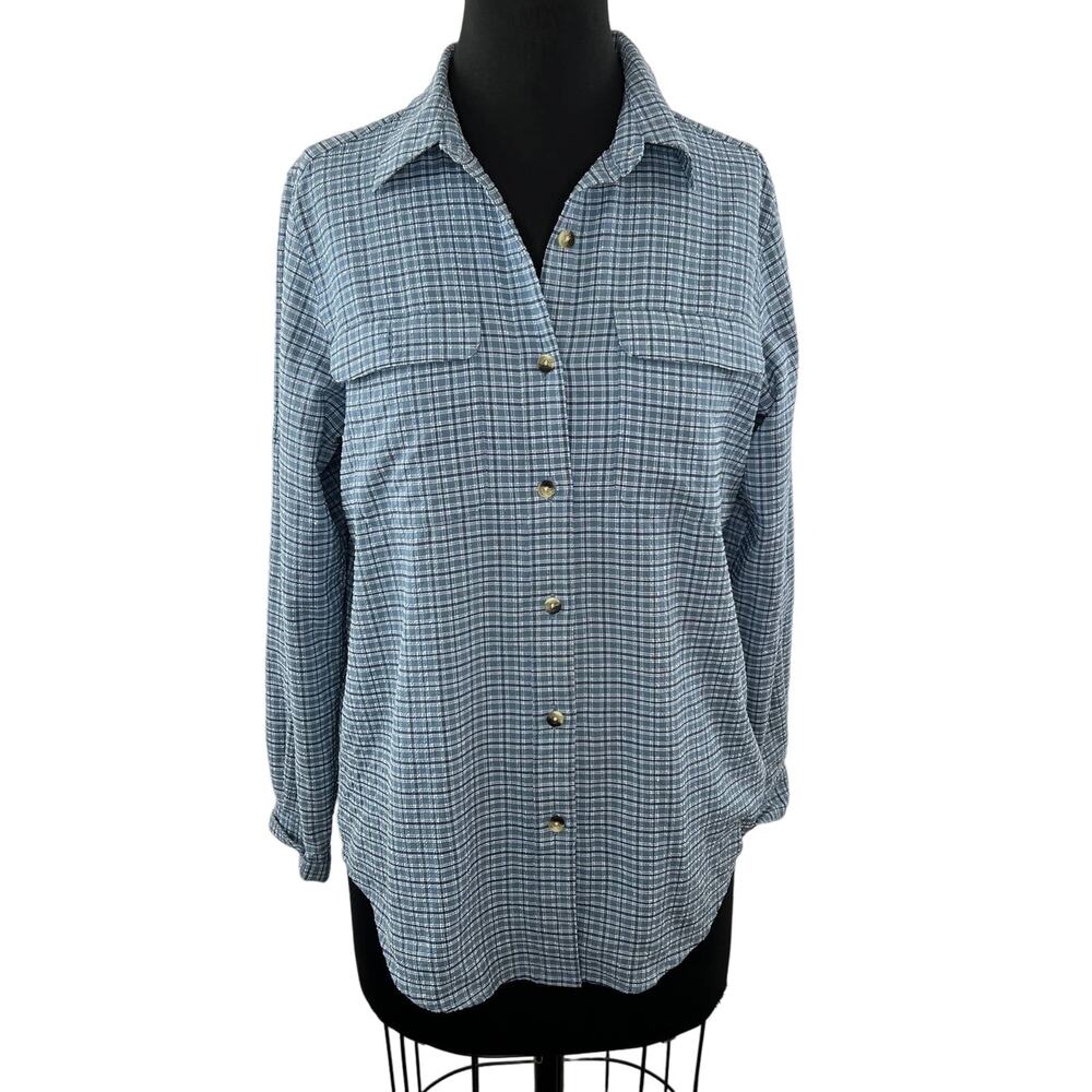 L.L.Bean Women's Blue Plaid Button-Up Long Sleeve Shirt AU70 Pockets Polyester S
